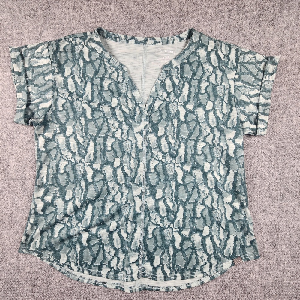 LL Bean Womens Blue Abstract Bark Print Notched V-Neck Top Large Petite 510095